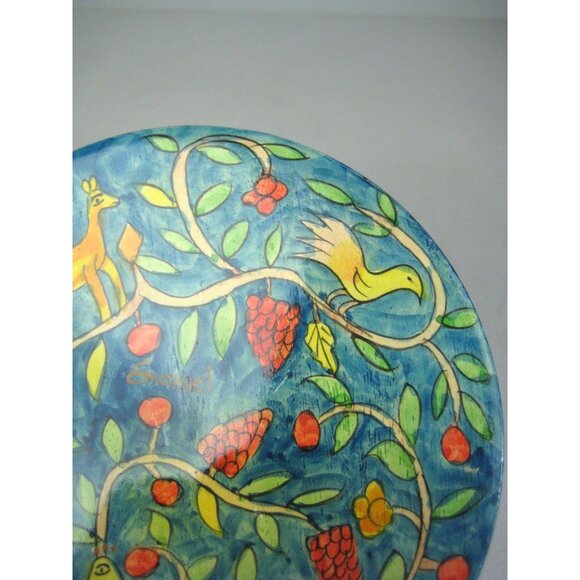 Yair Emanuel Wooden Hand Painted Decorative Plate Animal Fruit Motif Design - Picture 4 of 5